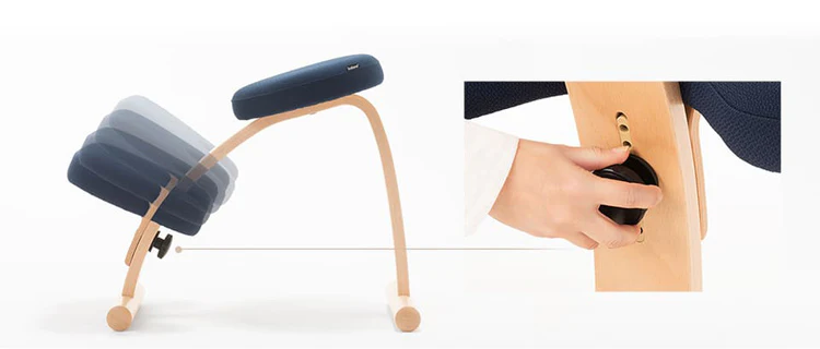 商品画像:膝クッションの下部にノブがあり、膝クッションの位置を変更できることが示されている